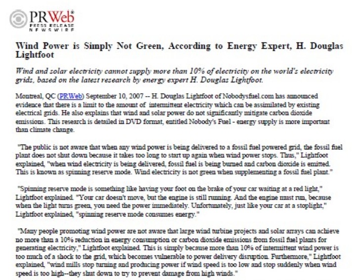 Windpower is simply not green press release